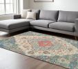 5' X 7' Blue Beige And Brick Red Jute Medallion Hand Woven Distressed Area Rug