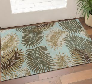 3' X 5' Aqua And Brown Wool Botanical Leaves Hand Tufted Area Rug