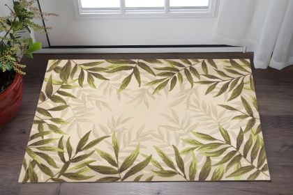 3' X 5' Ivory And Green Wool Botanical Leaves Hand Tufted Area Rug