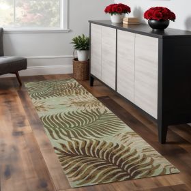 8' Aqua And Brown Wool Botanical Leaves Hand Tufted Runner Rug