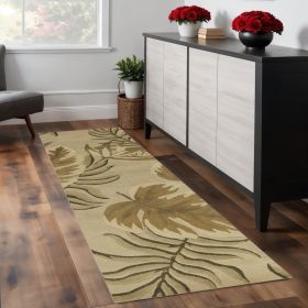 8' Sand And Beige Wool Botanical Leaves Hand Tufted Runner Rug