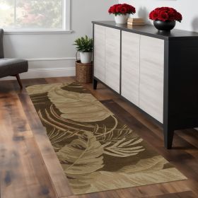 8' Brown And Beige Wool Botanical Leaves Hand Tufted Runner Rug