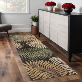 8' Espresso Beige And Green Wool Botanical Leaves Hand Tufted Runner Rug