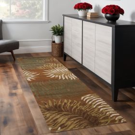 8' Rust Orange And Green Wool Botanical Leaves Hand Tufted Runner Rug