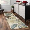 8' Ivory And Blue Wool Botanical Leaves Hand Tufted Runner Rug