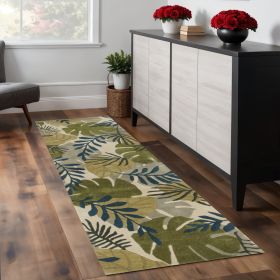 8' Ivory Green And Blue Wool Botanical Leaves Hand Tufted Runner Rug