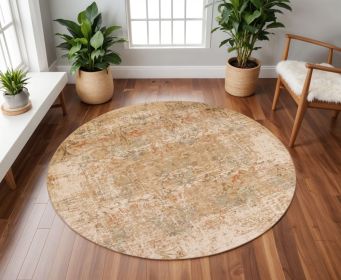 7' Champagne And Beige Damask Round Rug