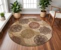 8' Sage Brown And Ivory Floral Medallion Round Rug
