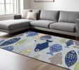 5' X 7' Blue Ivory And Green Fish Hand Hooked Area Rug