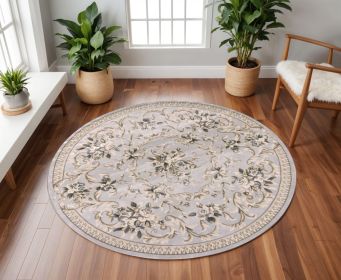 8' Light Gray Green And Tan Floral Medallion Round Rug
