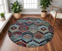 7' Red And Blue Geometric Round Rug