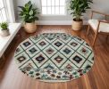 8' Ivory Blue And Red Geometric Round Rug