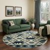 8' Ivory And Blue Southwestern Round Rug