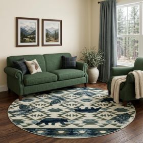 8' Ivory And Blue Southwestern Round Rug