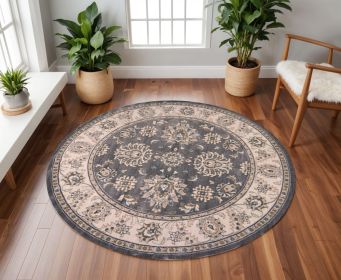 8' Gray And Ivory Floral Medallion Round Rug