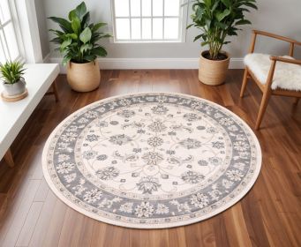 8' Ivory And Gray Floral Medallion Round Rug