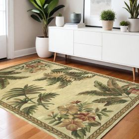 4' X 6' Ivory Green And Brown Genuine Wool Tropical Botanical Hand Tufted Area Rug
