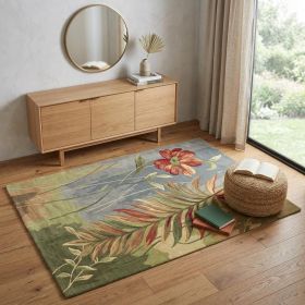 4' X 6' Blue And Green Wool Tropical Botanical Hand Tufted Area Rug