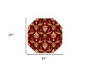 8' Red Beige And Brown Floral Vines Octagon Rug