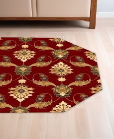 8' Red Beige And Brown Floral Vines Octagon Rug