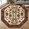 7' Ivory Red And Orange Floral Medallion Octagon Rug