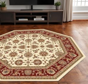 7' Red Ivory And Brown Floral Medallion Octagon Rug