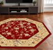 7' Red And Beige Floral Vines Octagon Rug