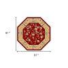 7' Red And Beige Floral Vines Octagon Rug