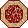 7' Red And Beige Floral Vines Octagon Rug