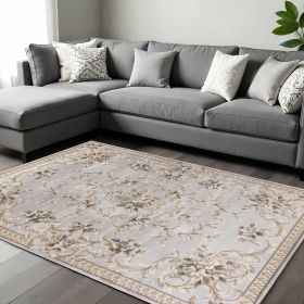 8' X 10' Light Gray Green And Tan Floral Medallion Area Rug