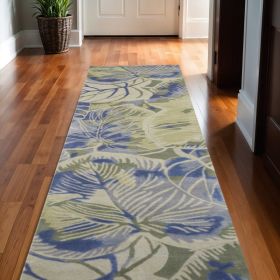 10' Blue Green And Beige Wool Tropical Botanical Hand Tufted Runner Rug