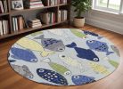 7' Blue Ivory And Green Fish Hand Tufted Round Rug