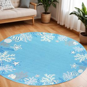 8' Blue Gray And White Fish and Coral Hand Tufted Round Rug