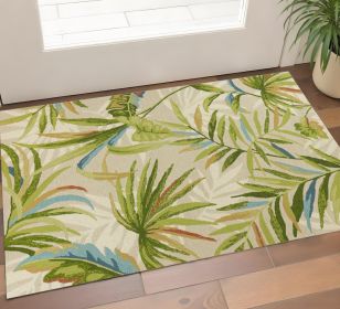 2' X 3' Sand Green And Blue Botanical Leaves Hand Tufted Area Rug