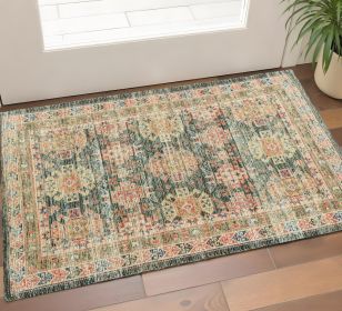 2' X 4' Brick Red Green And Brown Jute Southwestern Hand Woven Distressed Area Rug