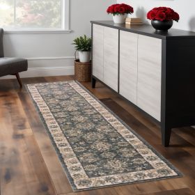 8' Gray And Ivory Floral Medallion Runner Rug