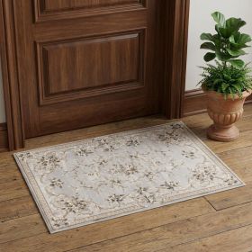 3' X 5' Light Gray Green And Tan Floral Medallion Area Rug