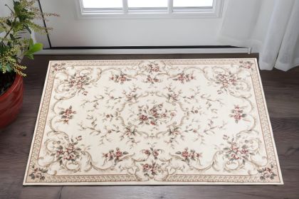 3' X 5' Ivory Red And Green Floral Medallion Area Rug