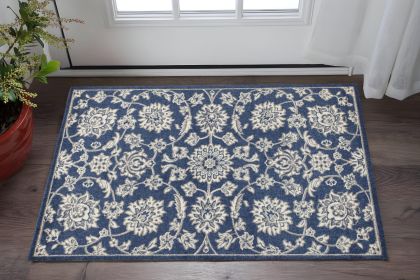 3' X 5' Blue And Ivory Floral Medallion Area Rug