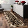 8' Black Ivory And Brown Floral Medallion Runner Rug