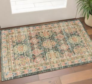 3' X 5' Brick Red Green And Brown Jute Southwestern Hand Woven Distressed Area Rug