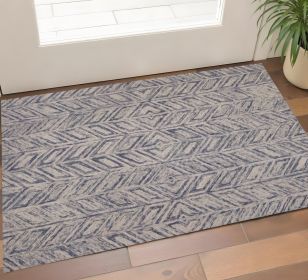 3' X 5' Blue And Beige Wool Chevron Hand Tufted Area Rug