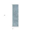 8' Blue And White Abstract Shag Hand Woven Runner Rug
