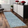 8' Blue And White Abstract Shag Hand Woven Runner Rug