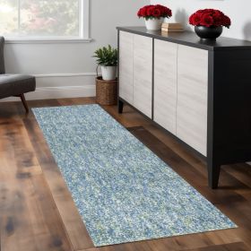 8' Blue And White Abstract Shag Hand Woven Runner Rug
