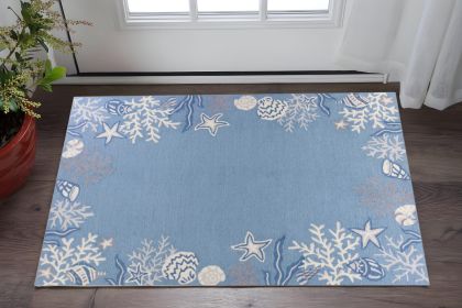 3' X 5' Blue Gray And White Fish and Coral Hand Hooked Area Rug
