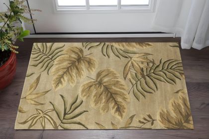 2' X 4' Sand And Beige Wool Botanical Leaves Hand Tufted Area Rug