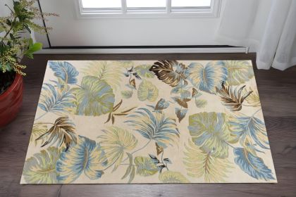 3' X 4' Ivory And Blue Wool Botanical Leaves Hand Tufted Area Rug