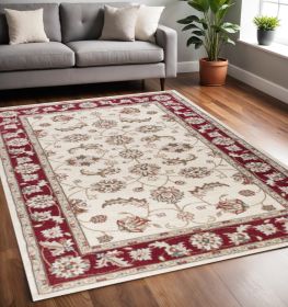 5' X 8' Ivory And Red Floral Medallion Area Rug