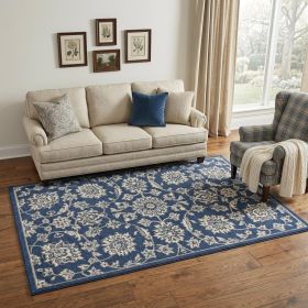 5' X 8' Blue And Ivory Floral Medallion Area Rug